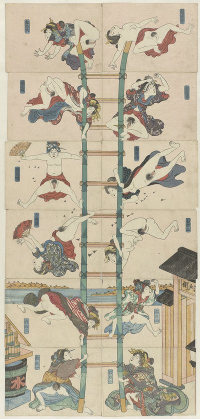 Serie de doce koban Shunga con prostitutas en el papel de bomberos acrobáticos de Utagawa Kuniyoshi (school of)