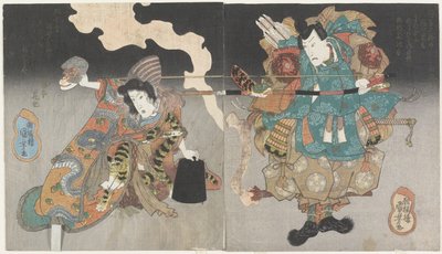 Guerrero y Mujer con Máscara de Mono, c. 1843-1847 de Utagawa Kuniyoshi