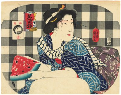 Una mujer sosteniendo una rebanada de sandía, de la serie Marcas Famosas de Sake (Meishu zoroi) de Utagawa Kuniyoshi