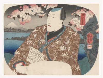 Actor con ventilador bajo flor de cerezo de Utagawa Kuniyoshi