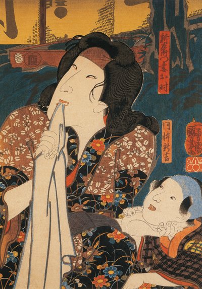 Actor en pose pensativa junto a un niño, por Utagawa Kuniyoshi, xilografía de Utagawa Kuniyoshi