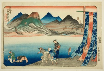 Akasaka, Fujikawa, Okazaki, Chiryu y Narumi, de la serie "Lugares famosos en las cincuenta y tres estaciones del Tokaido, cinco estaciones (Tokaido gojusan eki goshuku meisho)" de Utagawa Kuniyoshi