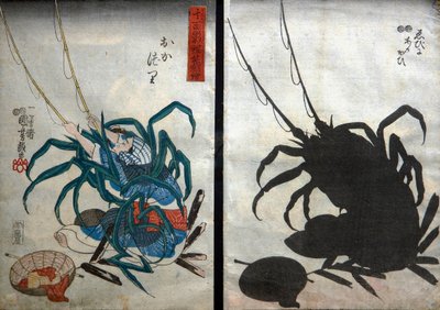 Pescador; Langosta y concha de arca (Okazuri / Ebi ni akagai) Serie Imágenes de sombras ingeniosas (Sono omokage hodo utsuhie), c.1848 de Utagawa Kuniyoshi