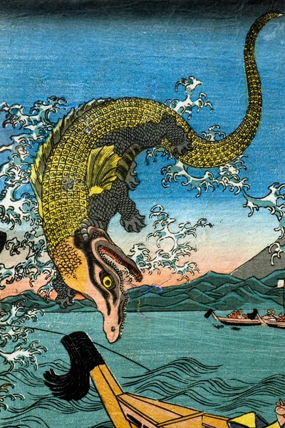 La lucha de Asahina Yoshihide con dos cocodrilos en el mar frente a Kamakura Kotsubo de Utagawa Kuniyoshi