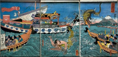 La Lucha de Asahina Yoshihide con Dos Cocodrilos en el Mar frente a Kamakura Kotsubo de Utagawa Kuniyoshi