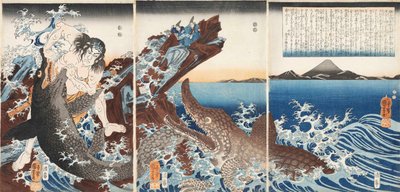 Asaina Saburo Yoshihide luchando con dos cocodrilos en la playa de Kotsubo de Utagawa Kuniyoshi