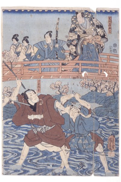 ¿Banda? Hikosabur Iv como Ashikaga Yoshimasa e Ichikawa Kodanji Iv como Asakura T?go de la obra Kabuki, Higashiyama Sakura S?shi (xilografía en color) de Utagawa Kuniyoshi