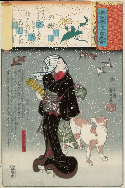 Bijin con un perro en la nieve, de la serie Genji mitate de Utagawa Kuniyoshi