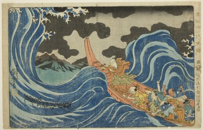 Lanzando un Mantra en las Olas en Kakuta en su Exilio a la Isla de Sado, de la serie "Biografía Ilustrada Concisa del Gran Sacerdote [Nichiren]" de Utagawa Kuniyoshi