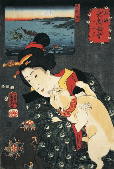 Primer plano de una joven con un gato en sus brazos de Utagawa Kuniyoshi