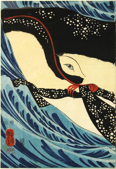 Tríptico de impresión en madera a color, que representa al gran espadachín Miyamoto Musashi atacando a una ballena gigante frente a la costa de la provincia de Hizen: Japón, Edo, por Utagawa Kuniyoshi de Utagawa Kuniyoshi
