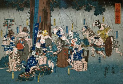 Animales cómicos refugiándose de la lluvia de Utagawa Kuniyoshi