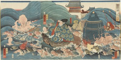 El dios dragón recompensando a Hidesato con tres regalos, abril 1858 de Utagawa Kuniyoshi