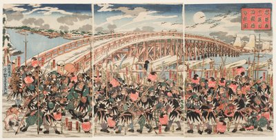 Undécimo Acto de la "Chushingura": Los leales retenedores se reúnen en el puente de Ryogoku de Utagawa Kuniyoshi