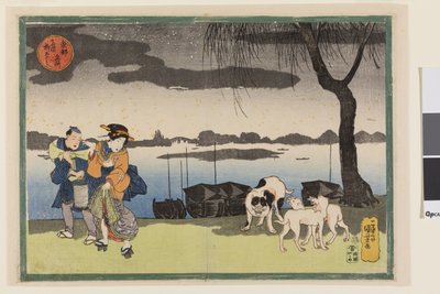 Geisha, acompañante y tres perros cerca del puente Yanagi en Ryogoku, de la serie Vistas famosas de la capital oriental, c.1834 (xilografía en color "nishiki-e"; tinta y color sobre papel) de Utagawa Kuniyoshi