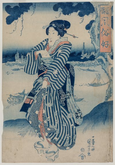 Geisha de pie en la orilla del río Sumida..., principios de 1830 de Utagawa Kuniyoshi