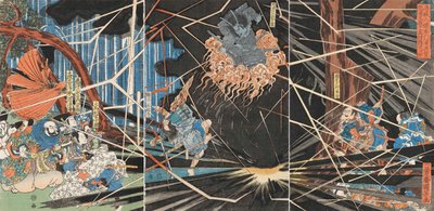 El fantasma de Akugenda Yoshihira atacando a Nanba Jiro en la cascada de Nunobiki, ca 1825 de Utagawa Kuniyoshi