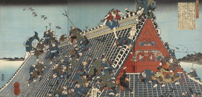 Hakkenden no uchi: Hôryû-kaku; en el techo en Hôryû-kaku, 1836-1837 de Utagawa Kuniyoshi