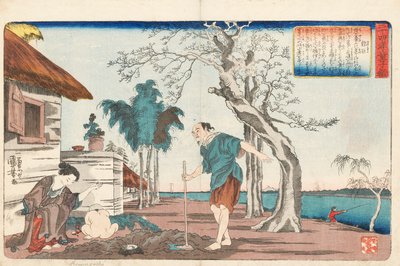 Kakkyo y su esposa desenterrando una olla de oro en el agujero que estaban cavando para enterrar a su hijo, firmado Ichiyusai Kuniyoshi ga, c.1843 de Utagawa Kuniyoshi