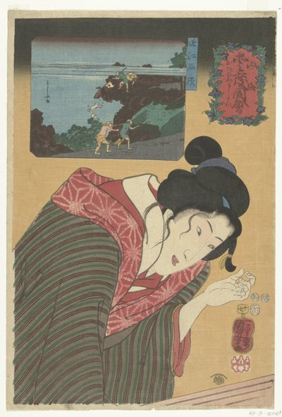 Piedra caliza del condado de Omi. Omi sekkai (título sobre objeto) Cálidos sentimientos por la montaña y el mar (título de la serie) Sankai medetai zue (título de la serie sobre el objeto) de Utagawa Kuniyoshi