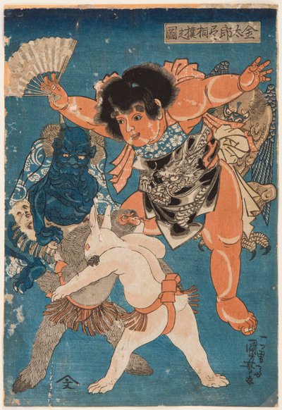 Kintaro arbitra un combate de lucha entre un mono y un conejo de Utagawa Kuniyoshi