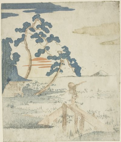 Hombre Cruzando un Puente al Amanecer, de una edición sin título (sin poesía) de las ilustraciones de la serie "Cinco Estampas del Monte Fuji (Fuji goban no uchi)" de Utagawa Kuniyoshi