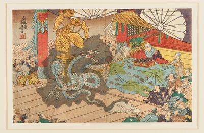 Manifestación de la divinidad de siete caras en Minobuzan, 9º mes de 1277, siglo XIX de Utagawa Kuniyoshi