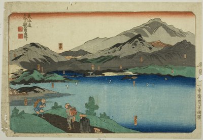 Minakuchi, Ishibe, Kusatsu, Otsu y Kioto, de la serie "Lugares famosos en las cincuenta y tres estaciones del Tokaido, Cinco estaciones (Tokaido gojusan eki goshuku meisho)" de Utagawa Kuniyoshi