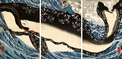 Miyamoto no Musashi atacando a la ballena gigante de Utagawa Kuniyoshi