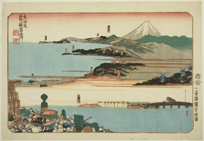 Nihonbashi, Shinagawa, Kawasaki y Kanagawa, de la serie "Lugares famosos en las cincuenta y tres estaciones del Tokaido, Cuatro estaciones (Tokaido gojusan eki yonshuku meisho)" de Utagawa Kuniyoshi