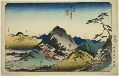 Nissaka, Kakegawa, Fukuroi, Mitsuke y Hamamatsu, de la serie "Lugares famosos en las cincuenta y tres estaciones del Tokaido, cinco estaciones (Tokaido gojusan eki goshuku meisho)" de Utagawa Kuniyoshi