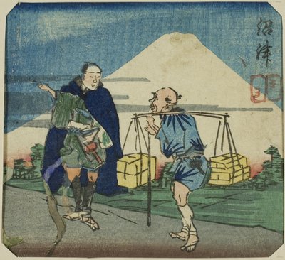 Numazu, sección de una hoja de la serie "Un Espejo Harimaze de Obras de Joruri (Harimaze joruri kagami)" de Utagawa Kuniyoshi