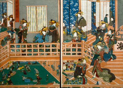 Vista aérea del piso superior de Kado-Ebiya de Utagawa Kuniyoshi