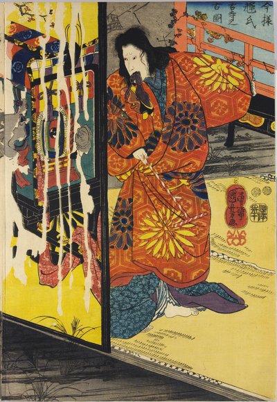 Parte de un tríptico de impresión en bloque de madera a color titulado Imayo Teruuji furudera no kozu de Utagawa Kuniyoshi