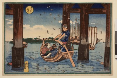 Señales de peregrinos revoloteando en el mar bajo el puente cerca de la isla de Tsukuda, de la serie Vistas famosas de la capital oriental. de Utagawa Kuniyoshi