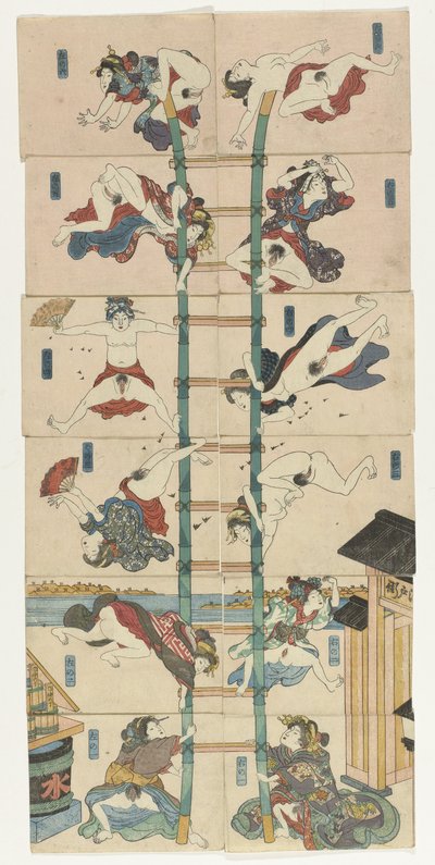 Serie de doce koban Shunga con prostitutas en el papel de bomberos acrobáticos de Utagawa Kuniyoshi