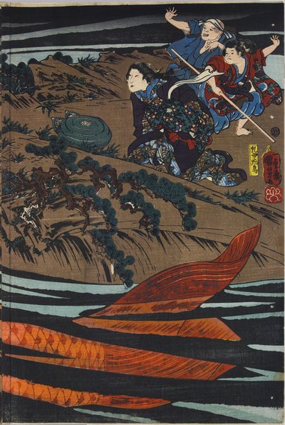 Hoja de un tríptico de impresión en madera a color, que representa a Oniwaka-maru (el futuro Musashibo Benkei) a punto de atacar al pez gigante que devoró a su madre: Japón, Edo, por Utagawa Kuniyoshi, c. 1845 de Utagawa Kuniyoshi