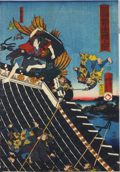 Hoja de un tríptico de xilografía en color, titulado Hōryūkaku shō no zu que representa una escena del Hakkenden de Takiwzawa Bakin mostrando una pelea en el techo del templo entre Inuzuka Shino de Utagawa Kuniyoshi