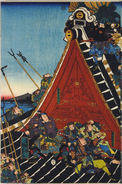 Hoja de un tríptico de impresión en madera a color, titulado Hōryūkaku shō no zu que representa una escena del Hakkenden de Takizawa Bakin mostrando una pelea en el techo del templo entre Inuzuka Shino de Utagawa Kuniyoshi