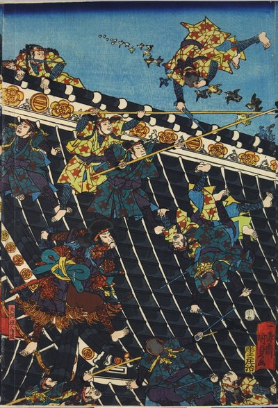 Hoja de un tríptico de impresión en madera a color, titulado Hōryukaku shō no zu representando una escena del Hakkenden de Takizawa Bakin mostrando una pelea en el techo del templo entre Inuzuka Shino (derecha), y la policía bajo Inukai Kempachi, adaptado  de Utagawa Kuniyoshi