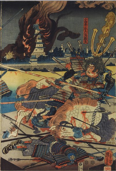 Hoja de un tríptico de xilografía en color, titulado Shinshū Odai kassen no zu (La batalla de Odai en la provincia de Shinano), que representa a Odai Akarokurō Yorisada lanzando una lanza a tres hombres mientras su castillo arde en el fondo: Japón, Edo, po de Utagawa Kuniyoshi