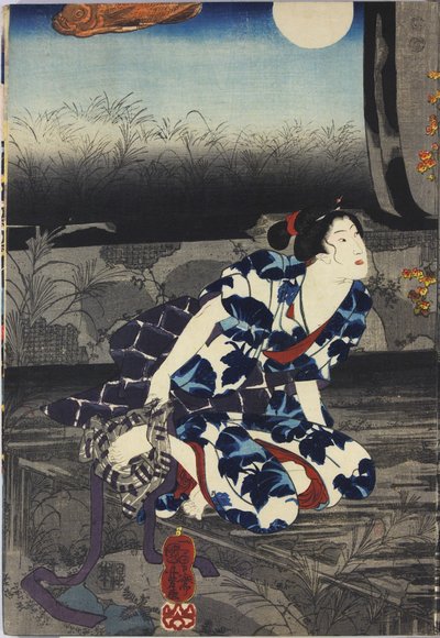Hoja de un tríptico de impresión en madera a color titulado Imayo Teru-uji furudera no kozu (Teruuji moderno en una imagen antigua en un templo antiguo), que representa una escena en un templo en ruinas a la luz de la luna con fusuma rasgados y pelados, co de Utagawa Kuniyoshi