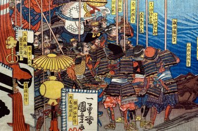 Takeda Shingen aplasta las fuerzas de Suwa Yorishige (Takeda Shingen Suwa Yorishige no jinchū o uchi-kuzusu zu), c.1850-51 de Utagawa Kuniyoshi