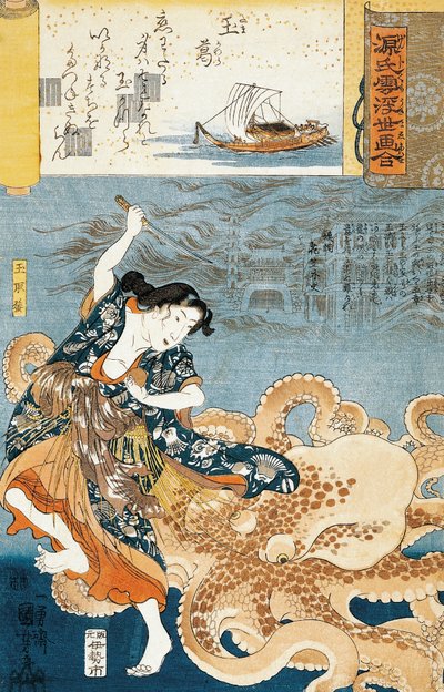Tamatori (buceadora ama), siendo atacada por un pulpo mientras agarra una joya sagrada de Utagawa Kuniyoshi