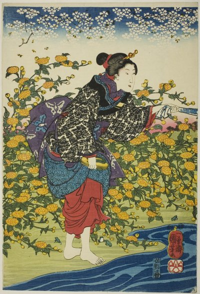 El Río de Joyas Ide en la Provincia de Yamashiro (Yamashiro kuni Ide no Tamagawa), de una serie sin título de los Seis Ríos de Joyas de Utagawa Kuniyoshi