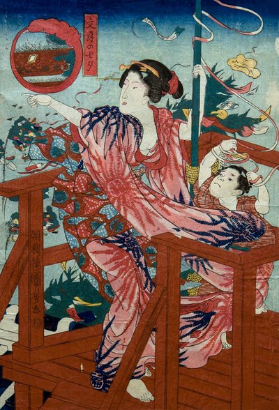 El Festival de la Estrella del Séptimo Mes (Fumizuki no tanabata) Serie sin título de mujeres con niños en los doce meses, c.1836 de Utagawa Kuniyoshi