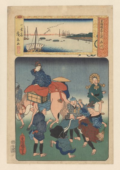 La estación Shinagawa (título sobre objeto) Las cincuenta y tres estaciones de la carretera Tokaido (título de la serie sobre el objeto) de Utagawa Kuniyoshi