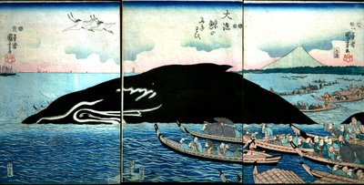 Multitud de personas alrededor de una ballena capturada de Utagawa Kuniyoshi