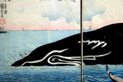 Multitud de personas alrededor de una ballena capturada de Utagawa Kuniyoshi