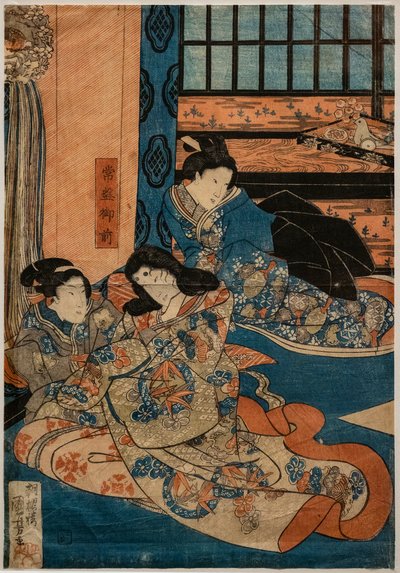 Tokiwa Gozen, amante de Minamoto no Yoshitsune, en una escena de Kabuki (xilografía sobre papel) de Utagawa Kuniyoshi